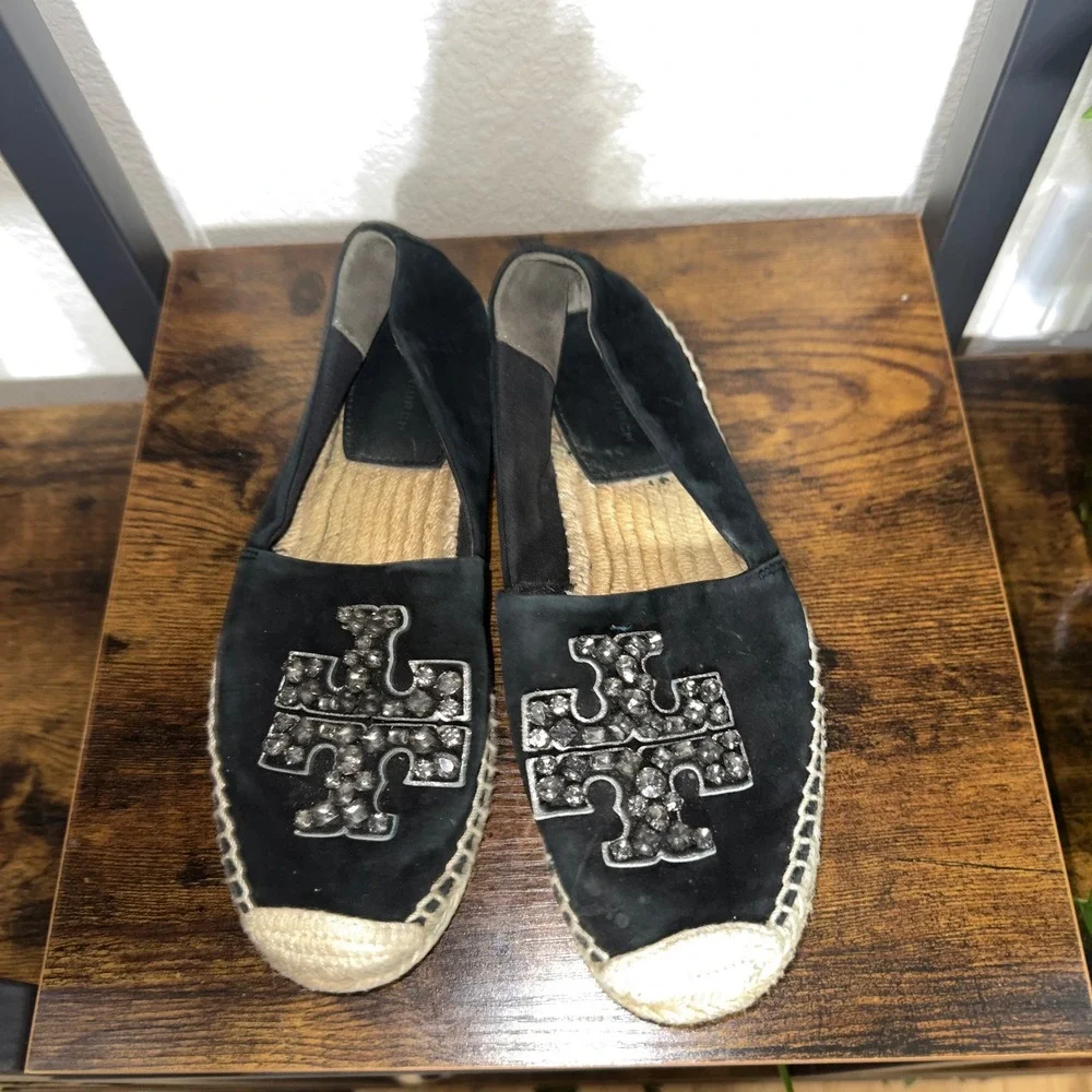 Tory Burch Black Suede Crystal Logo Espadrille Flats‎ Womens 6.5M 12423 923
